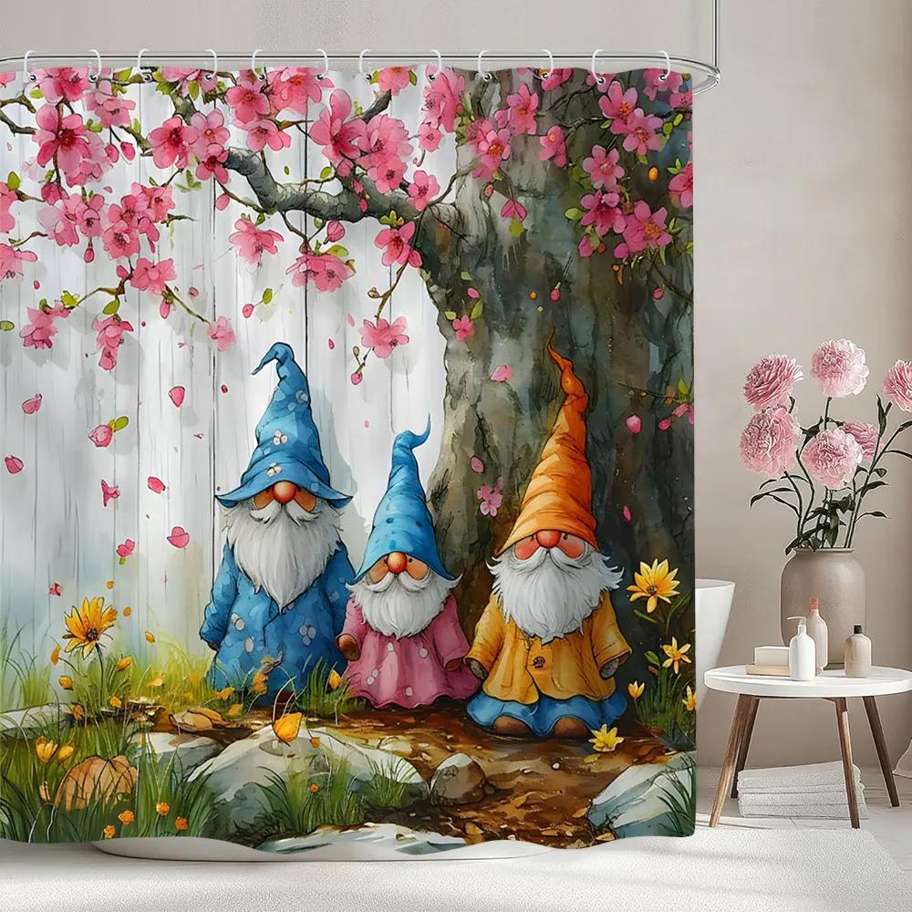 Cartoon Elf Kids Shower Curtain Spring Floral Botanical Lavender Watercolour Art Pattern Polyester Shower Curtain Bathroom Decor