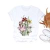 Casual Flower Graphics Women's T-Shirt 90S Summer Blouse Short Sleeves Tees Loose White O-Neck Shirts Female Tops Kpop Clothing