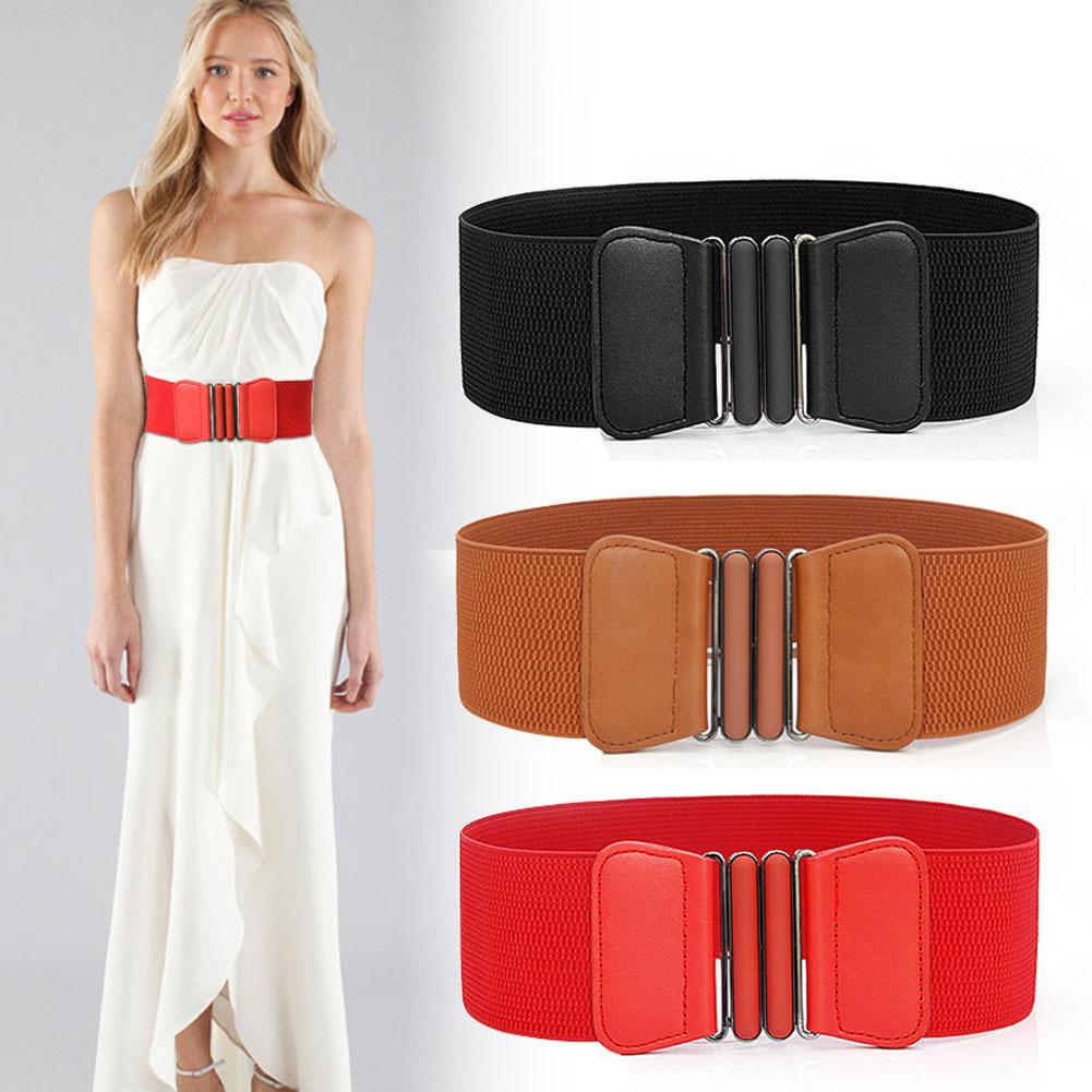 Lady Simple Elastic Wide Waistband PU Leather Interlock Buckle Belt Solid Color Cummerband