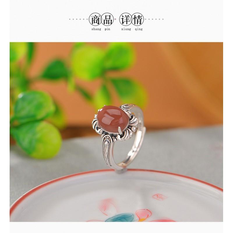 Adjustable Open Ring Women Men Vintage Floral Design Copper Jewelry With Red Agate Oval Cabochon