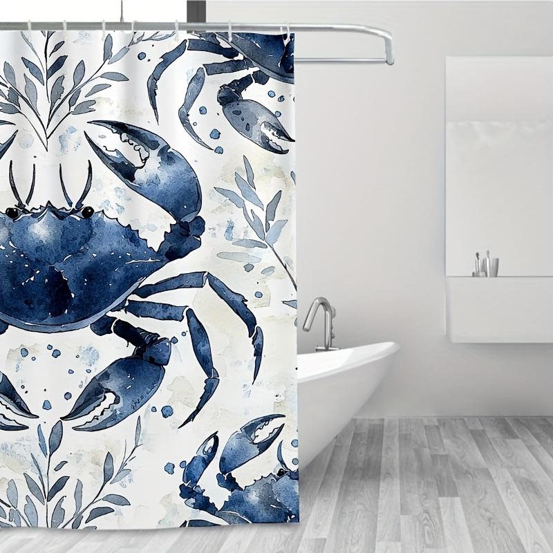 1Pc Blue Gray Crab & Foliage Shower Curtain - 71X71 Inch, Polyester, 12 Hooks, Symmetrical Pattern, Summer Bathroom Decor