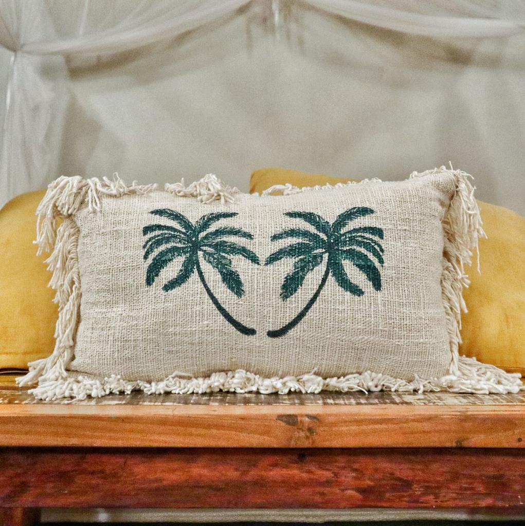 Linen Cushion 30x50cm Palm Tree With Fringe