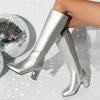 Black Long Boots Women's Fashionable Square Heel High-heeled Side Zipper Ladies Shoes Soft PU Leather Silvery Knee High Boots