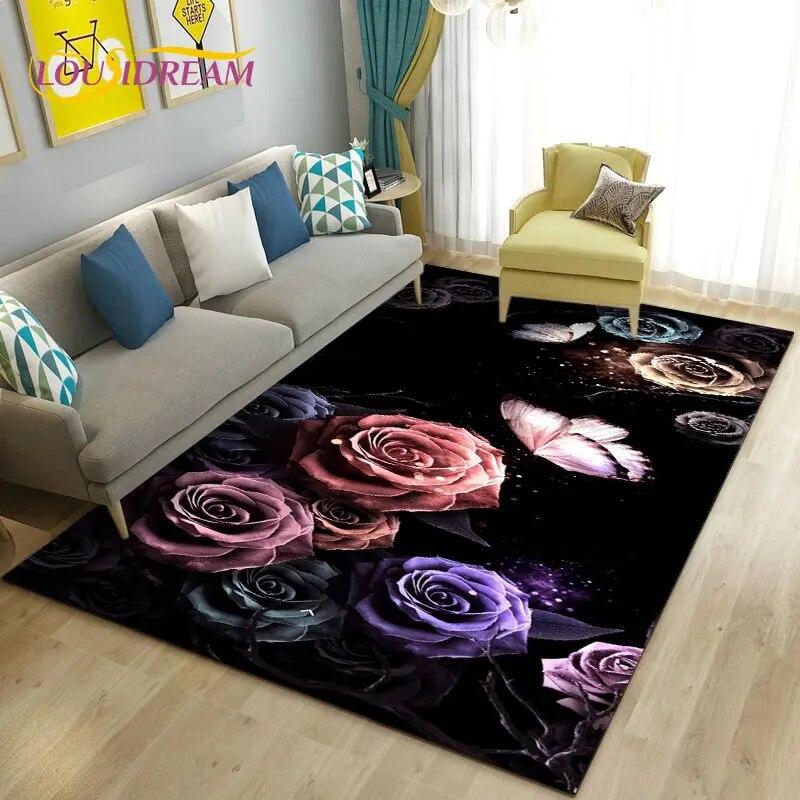 European Luxury Flower Rose Leaf Area Rug,Carpet Rug for Living Room Bedroom Sofa Doormat Decoration,Kitchen Non-slip Floor Mat