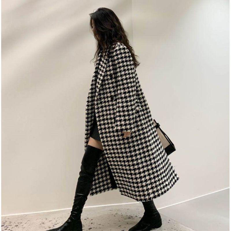 Cappotto in Lana da Donna Autunno Inverno Cappotto Doppio Petto da Donna Cappotto in Lana di Media Lunghezza Pied de Poule Coreano Giacca Invernale da Donna