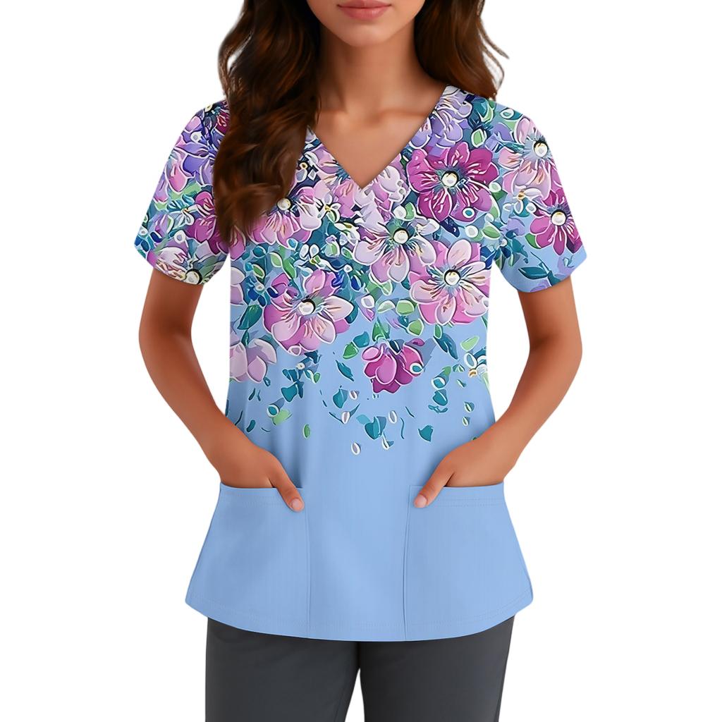 Women's Cute Bow Printed Work Clothes V-neck Double Layer Pockets Basic Short Sleeve Top Pullover