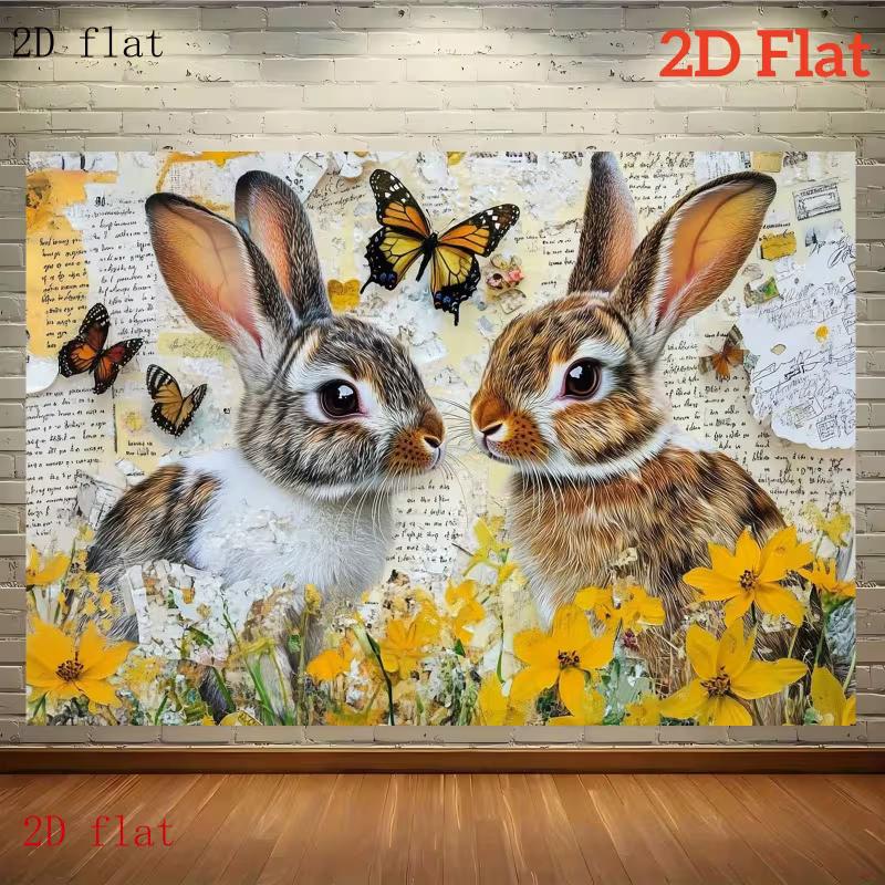 

2D Spring Bunny Tapestry Two Cute Rabbits & Monarch Butterflies Vintage Wall Decor 47.2x31.5inch/120*80cm