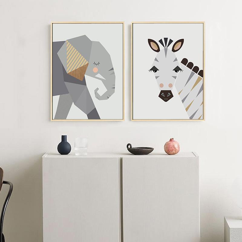 Cartoon Geometric Animal Elephant Lion Tiger Decorative Painting Simple Home Porch Living Room Painting Canvas Painting Wall Art