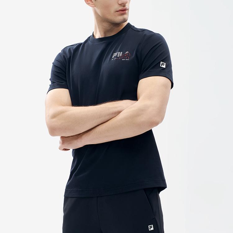 Fila Athletics Printed Fitness Base Layer Sports Casual Knit Short Sleeve T-Shirt Men Tops Deep-Black A11M211103F-BK