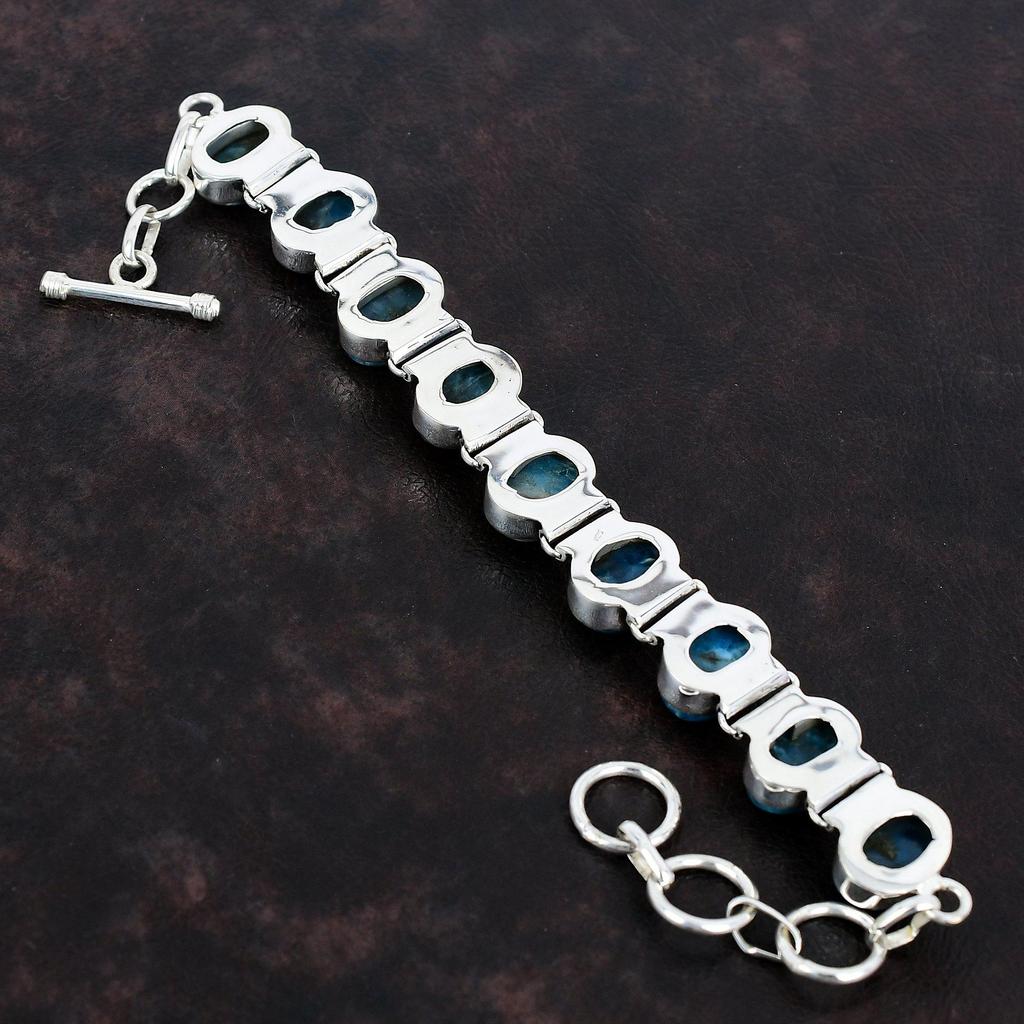 Neon Apatite Bracelet Natural Gemstone Bracelet 925 Sterling Silver Bracelet Adjustable Chain Bracelet Handmade Dainty Jewelry Gifts For Him