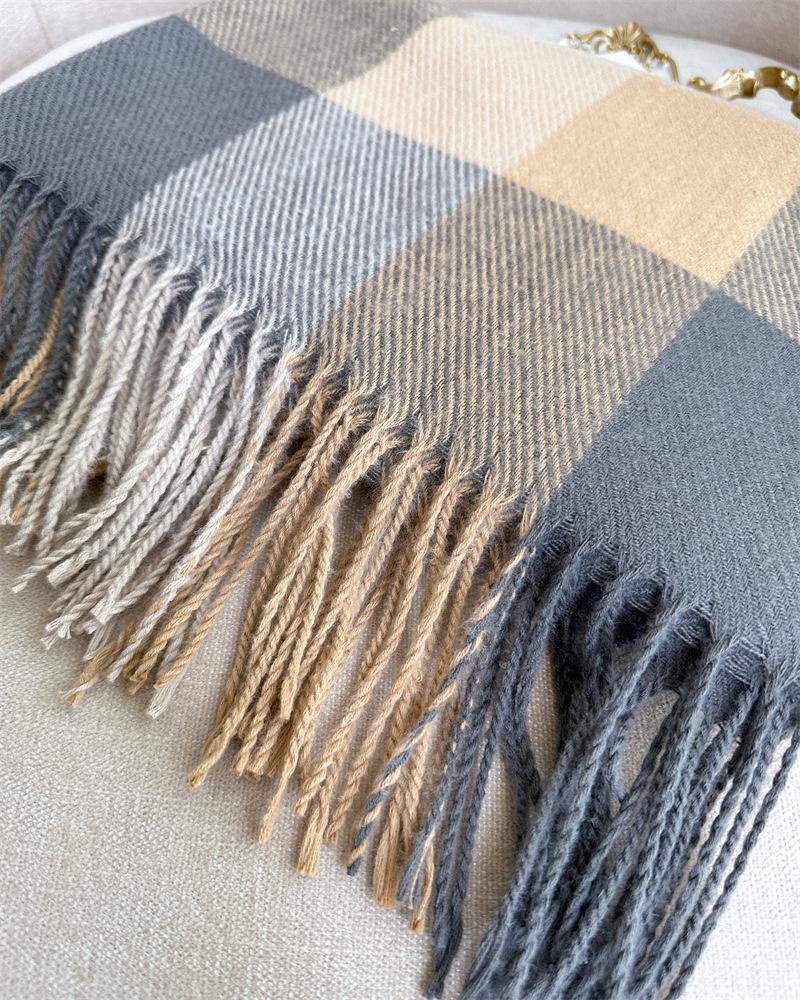 Unisex Korean Plaid Thick Winter Scarf with Tassels - Imitation Cashmere Shawl