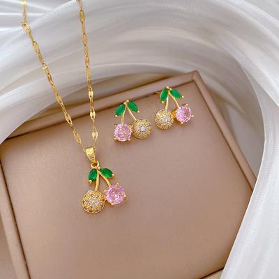 Light Luxury Cherry Pink Diamond Small Fresh Slightly Inlaid Real Gold Necklace Earrings Collarbone Chain Accessories Set