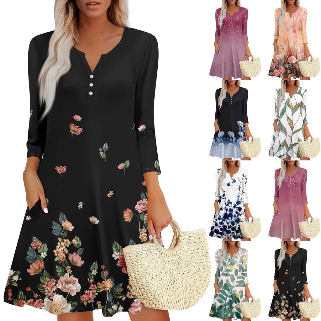 Women's Summer Dress Loose V Neck Three-quarter Sleeve Sundress With Pockets Dress