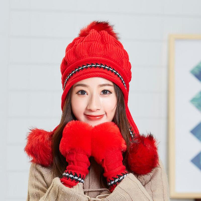 Hat Women's Winter Knitted Hair Ball Glove Set, Student Cycling Women's Fleece Thickened Thermal Ear Protector