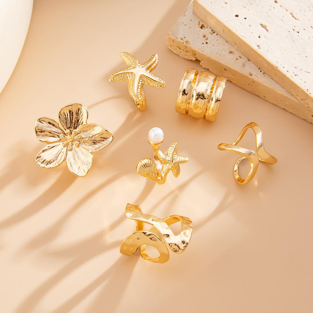 Ring Set: Geometric Flower Design with Pearl Inlay, Adjustable Open Ring, Versatile Index Finger Ring for Women