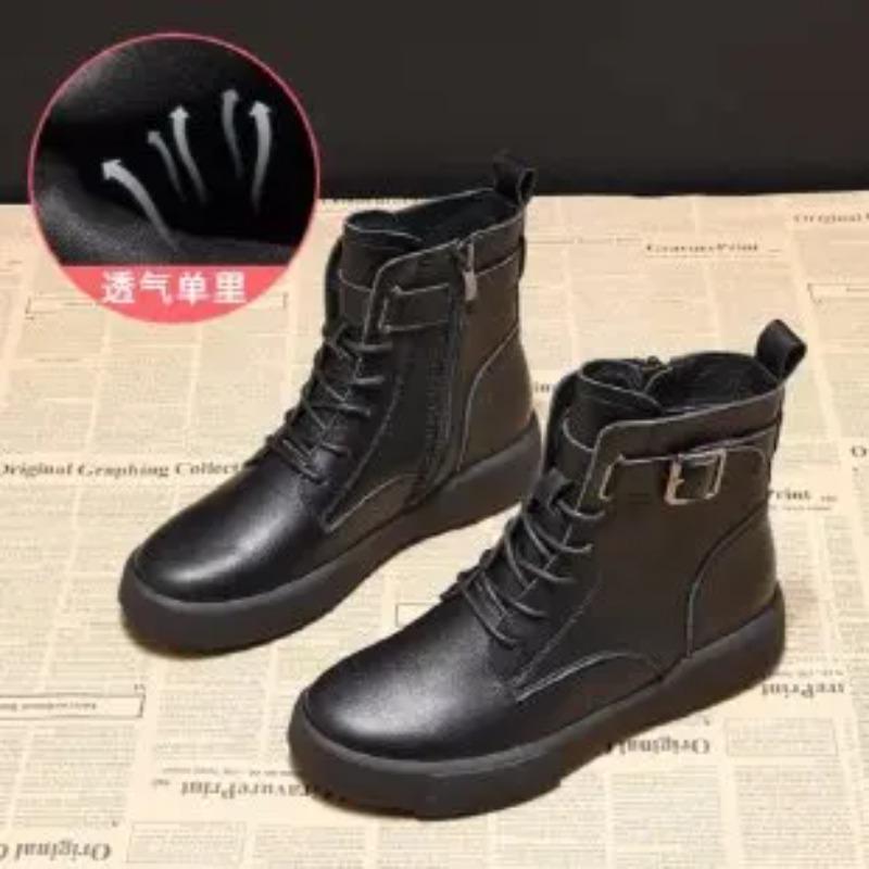European and American Retro Short Sleeved Women's Boots  Autumn New Lace Up Belt Buckle Thick Sole Short Boots  Mujer