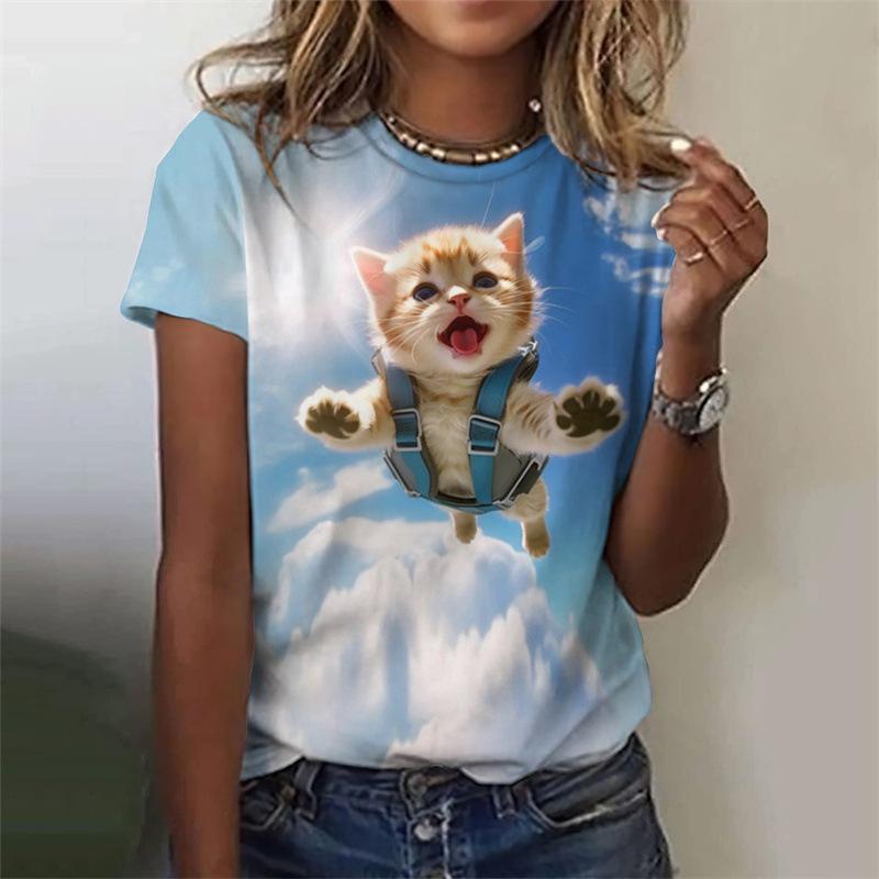 Cute Women's Round Neck Printed 3D T-shirt with Animal Fun T-shirt
