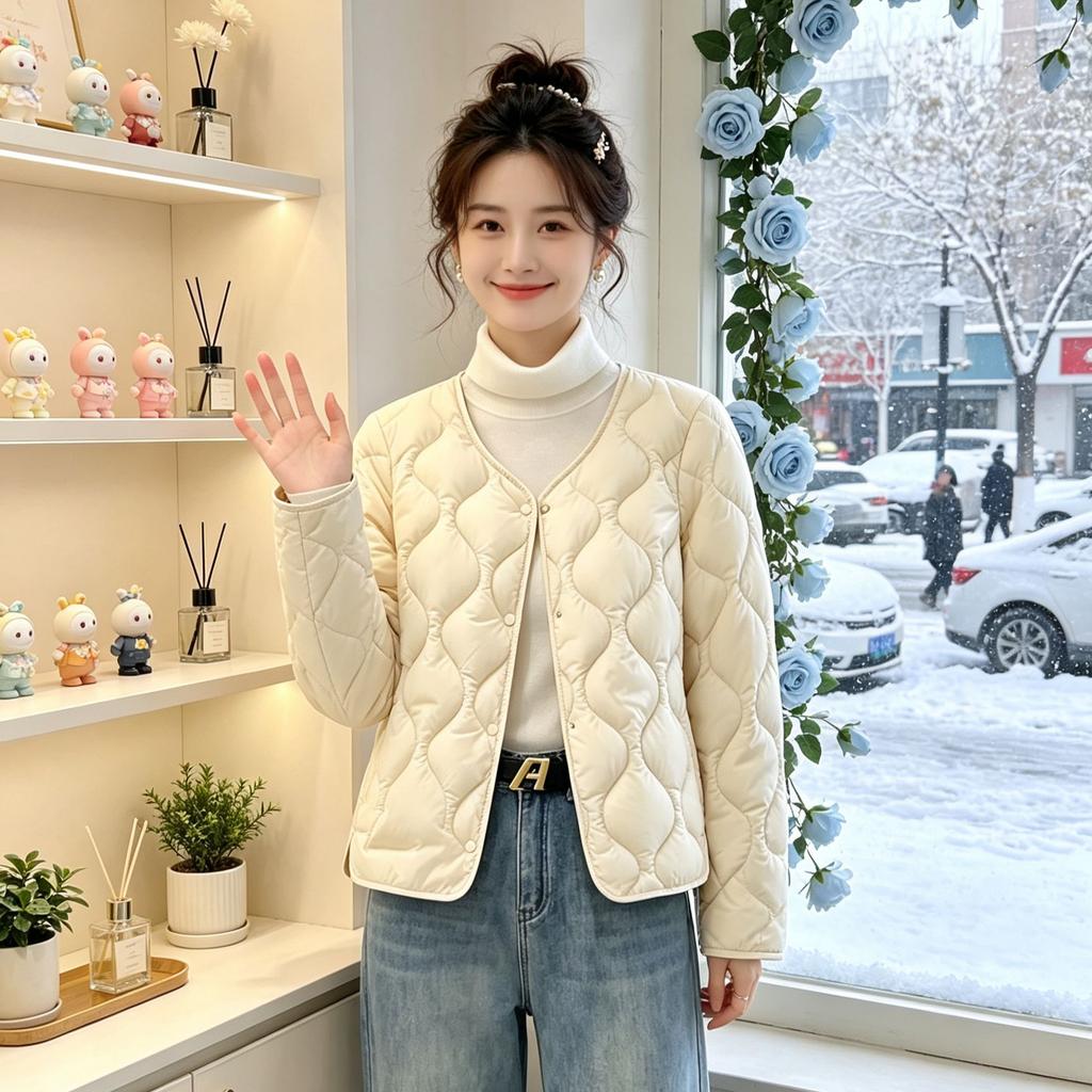 New autumn and winter short cotton-padded clothes women's V-neck light and warm cotton-padded clothes jacket slim and thin liner cotton-padded jack