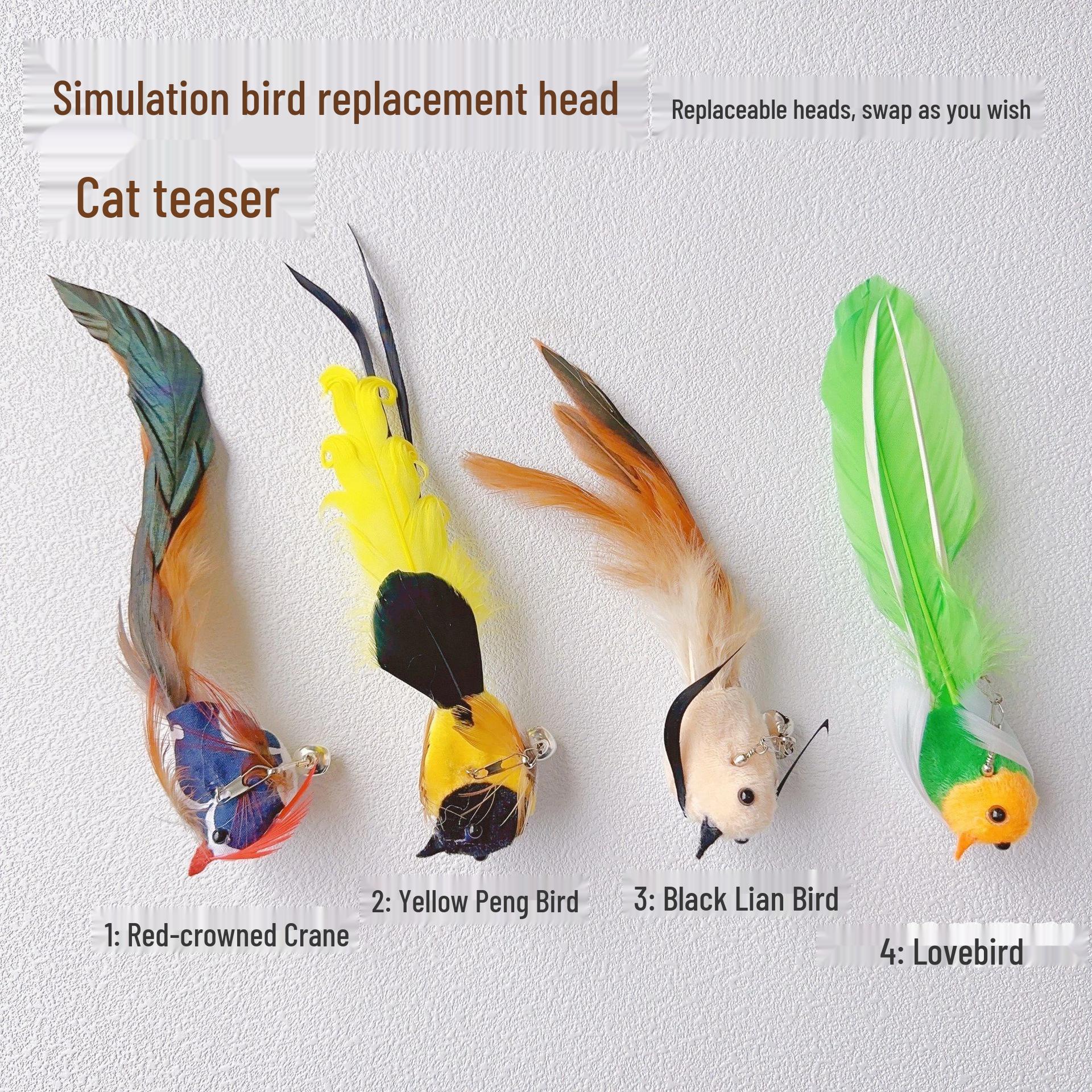 New Cat Teaser Toy: Feathered Replacement Head with Bell and Durable Steel Wire Rod One Black Bird + Bell + Hook