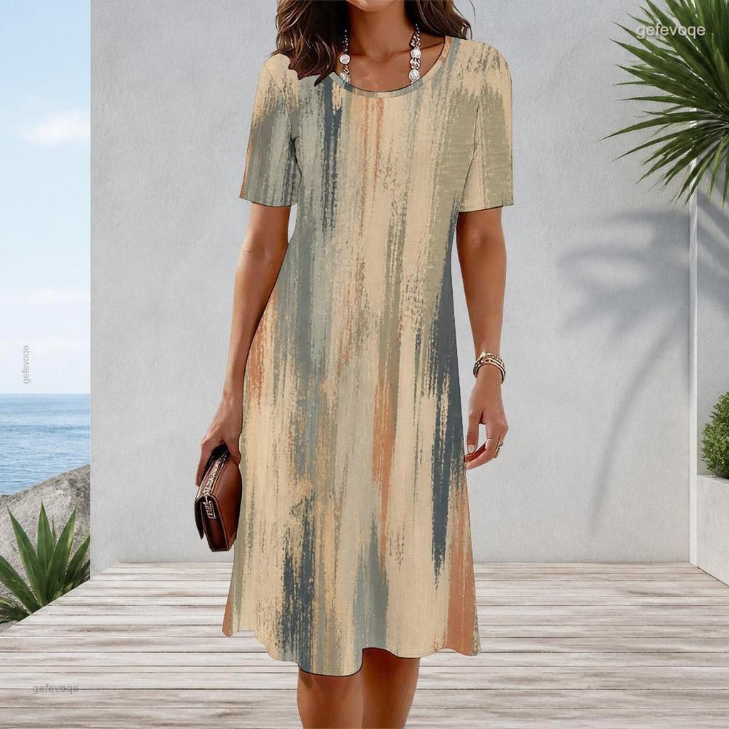 Women Plus Size Round Neck Short Sleeve A Line Printed Casual Dress