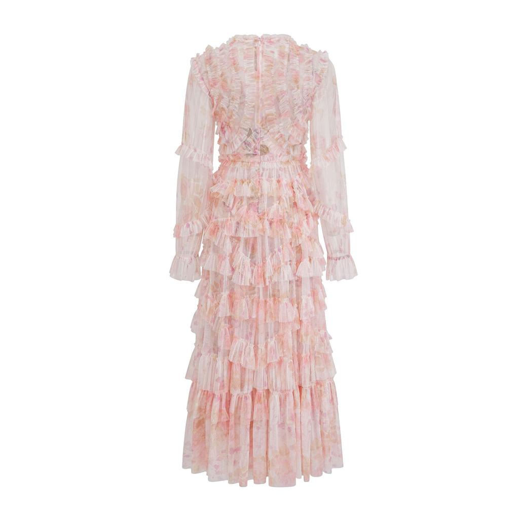 Neues bedrucktes langärmliges Blumenkleid Gruppe Frühlingsurlaub Französische Taille Langes Kleid Damenbekleidung