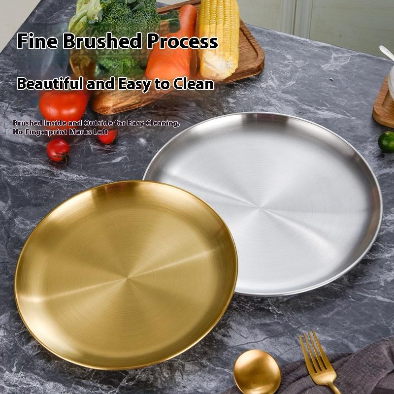 1 Pcs Thickened New Stainless Steel Disc Golden Cafe Tray Dining Disc Fruit Meat Dessert High Quality Round Plate Shallow Tray