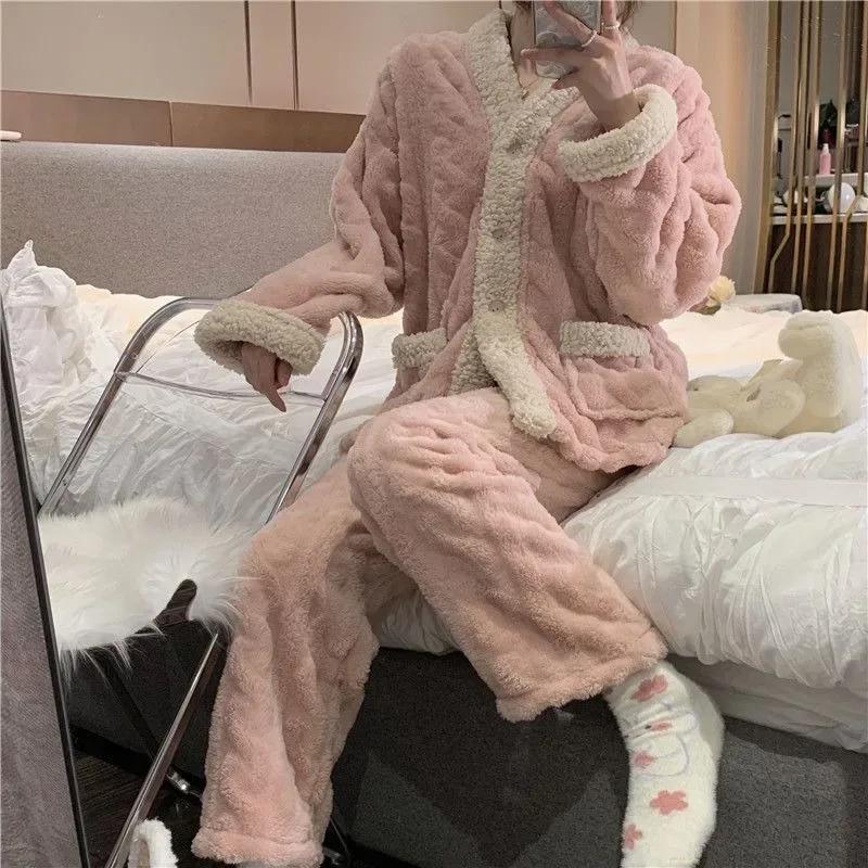 Pajamas Women Autumn Winter Homewear Plus Thicken Coral Velvet Warm Household Clothing Suit V-neck Loungewear