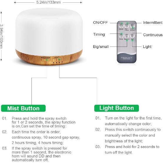 300ML Essential Oil Diffuser, Remote Control Ultrasonic Aromatherapy Oil Diffusers Cool Mist Humidifier, Waterless Auto-Off and 7 LED Light Colors