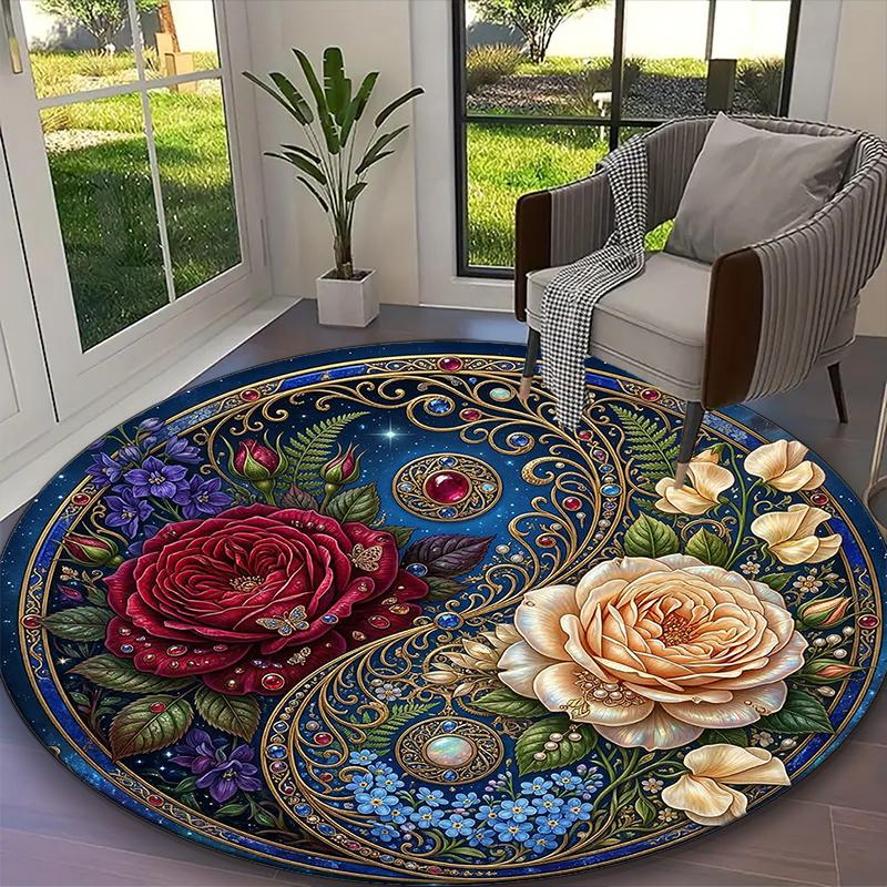 [Golden Rose Yin Yang Printed Carpet] Durable Home and Office Round Rug, Kitchen Farmhouse Decorative Floor Mat