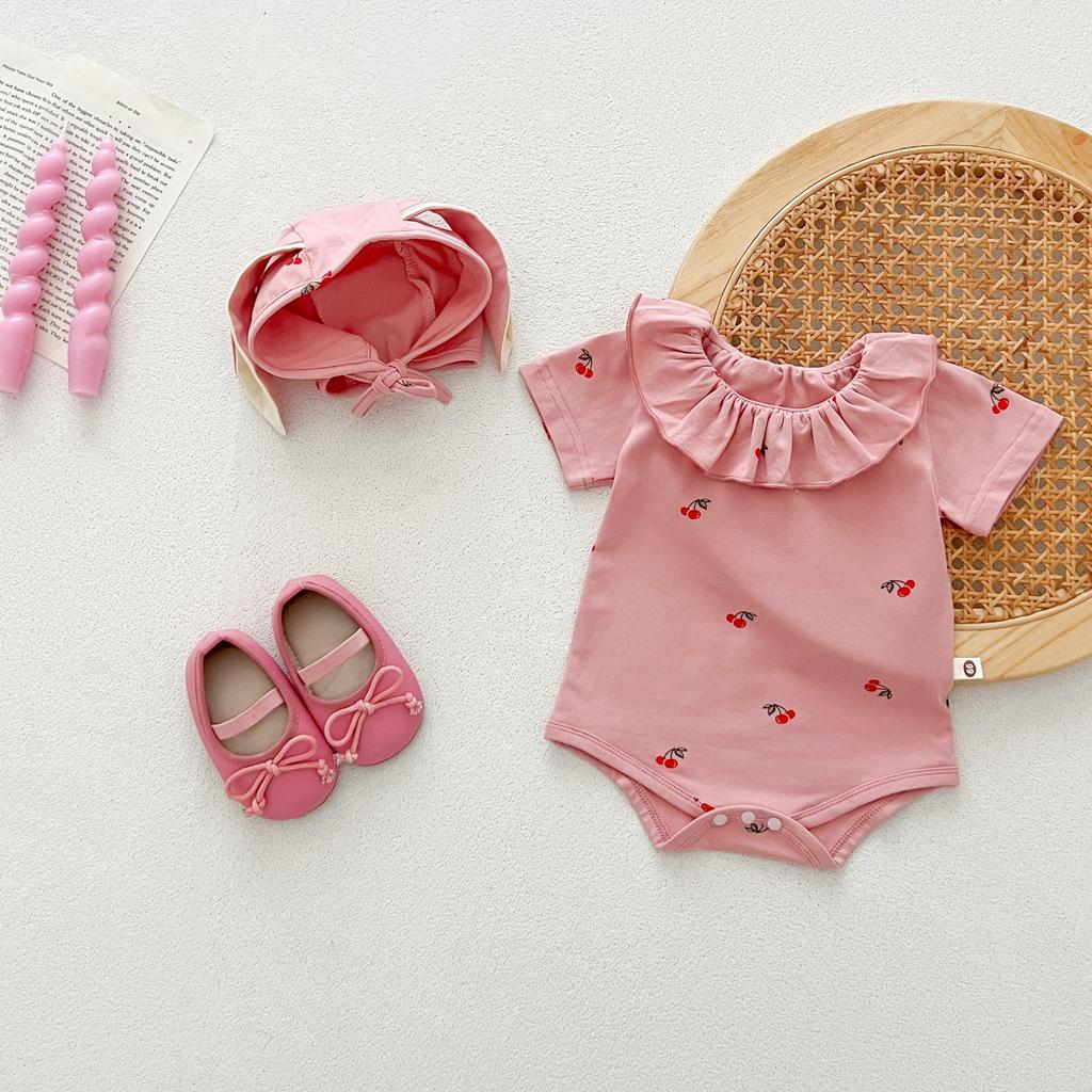 Summer Baby Girl Hooded Onesie with Collar, Short Sleeve Cute Bodysuit