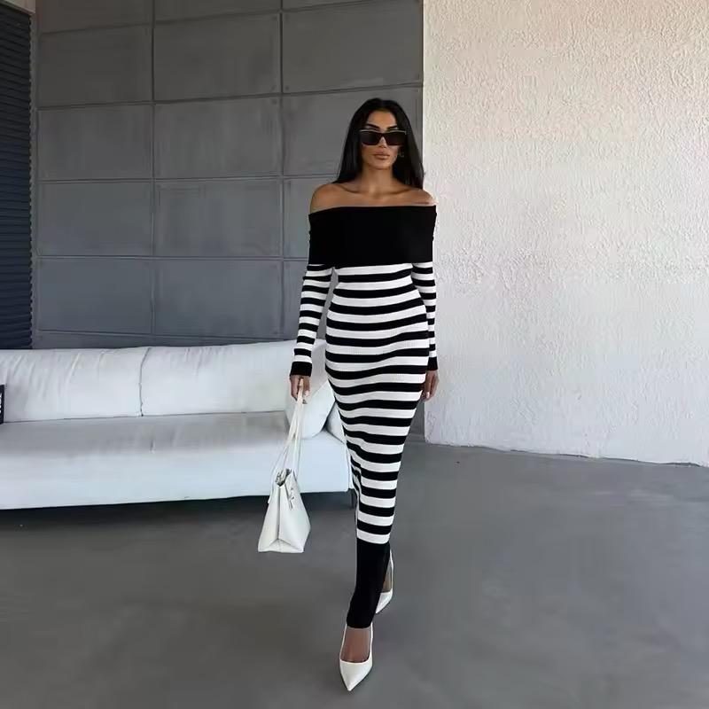 Off Shoulder Falda Sexy Mujer Slash Neck Striped Color-block Slim Knitted Bodycon Dress Autumn Wrapped Dresses ChicDresses