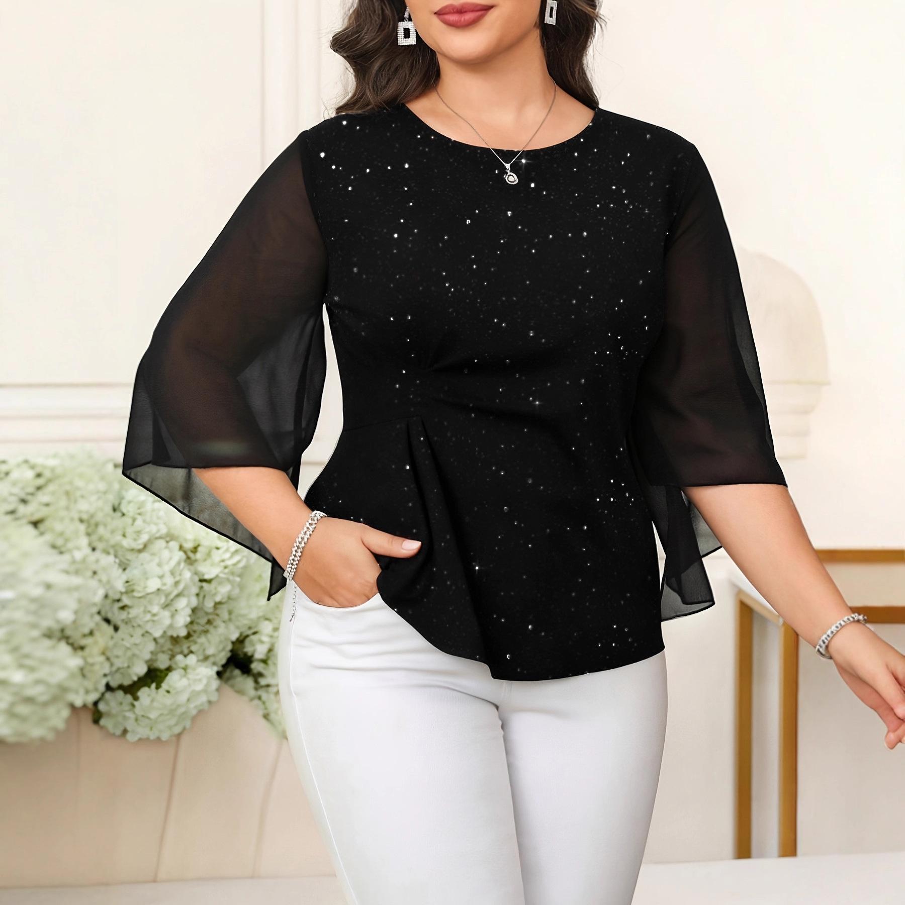 

2026 European Women s Fashion: Solid Color Shiny Mesh Flare Sleeve Casual Top 1XL чорний