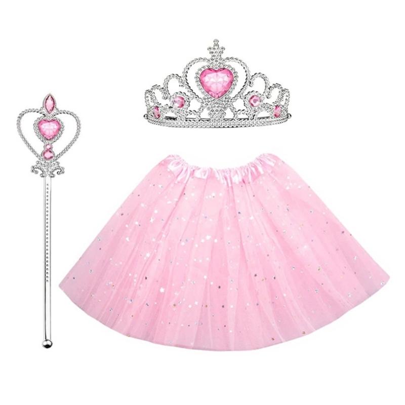 3 Pcs/Set Kids Princess Costume Accessories Crowns 3 Layers Tutu Skirt Magics Wand Ballet Skirt for Halloween Party