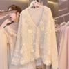 Autumn and winter new loose design splicing lace knitted cardigan lazy wind sweater jacket women