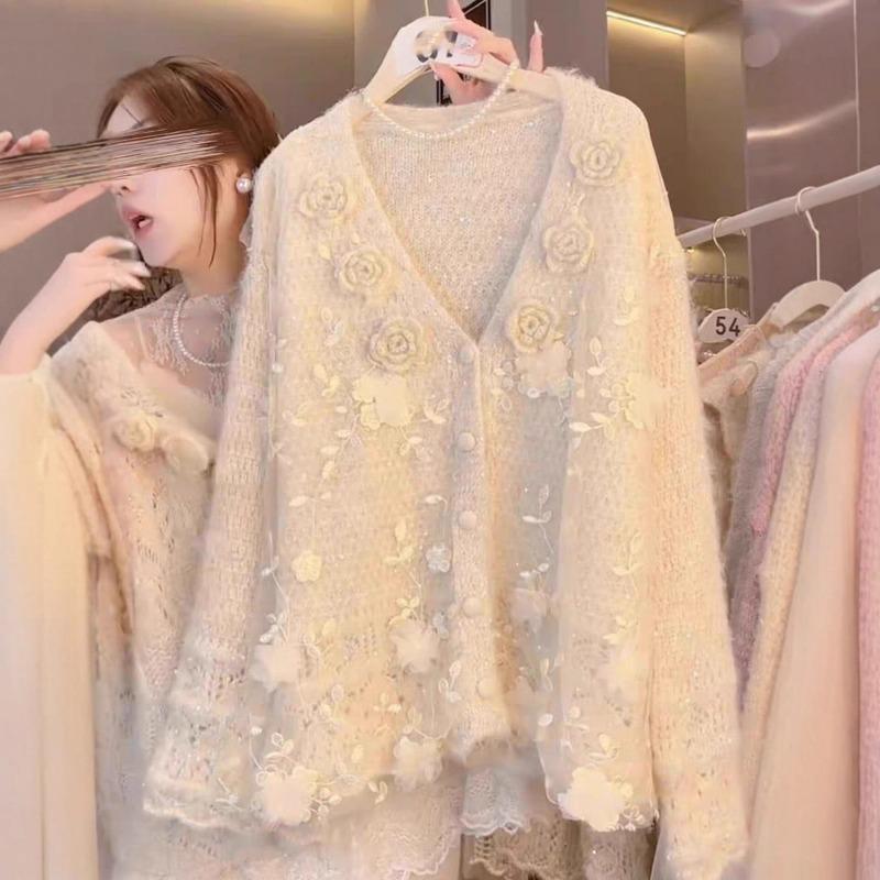 Autumn and Winter New Loose Design Splicing Lace Knitted Cardigan Lazy Wind Sweater Jacket Women