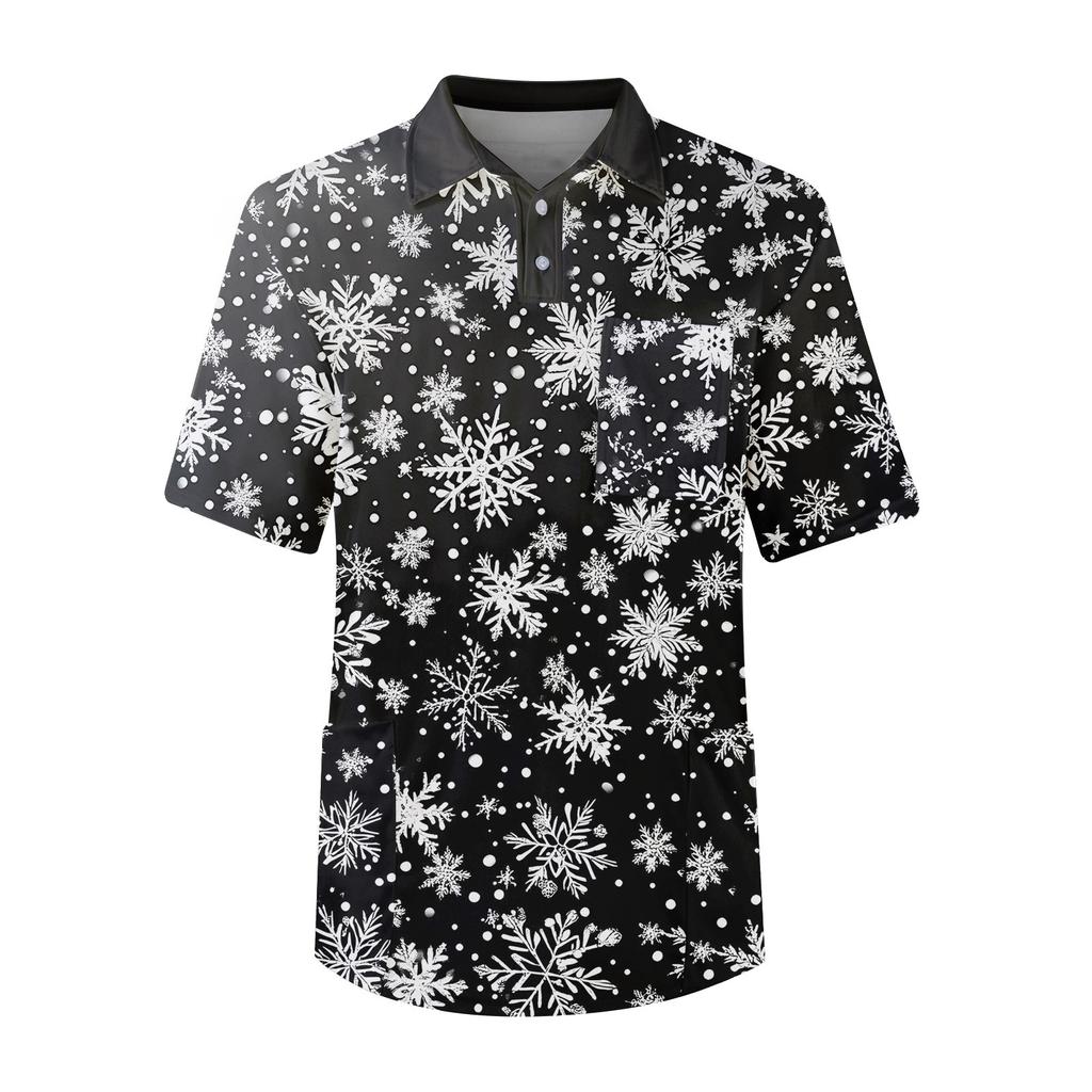 Men's Short Sleeve Button Lapel Christmas Prints Chest Pocket Dry-nurse Top