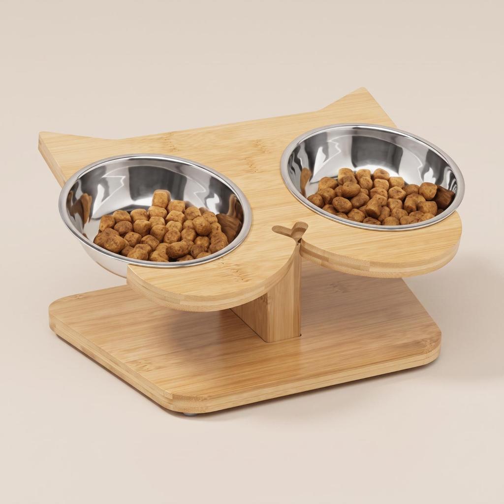 Wooden Pet Feeding Stand with Stainless Steel Bowls Compact for Cats, Young Dogs