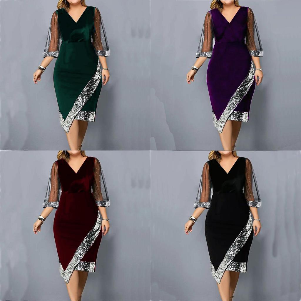 Wish Elegant Velvet Dress With Sequins And Asymmetric Skirt For Party And Stage Performances