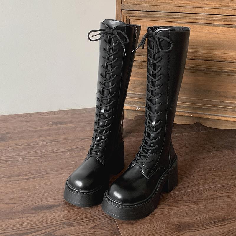 Модный зимний дизайн Платформа Квадратные каблуки Женские ботфорты до колена Уличный стиль Увеличение роста Стройнящие женские ботильоны в рыцарском стиле
