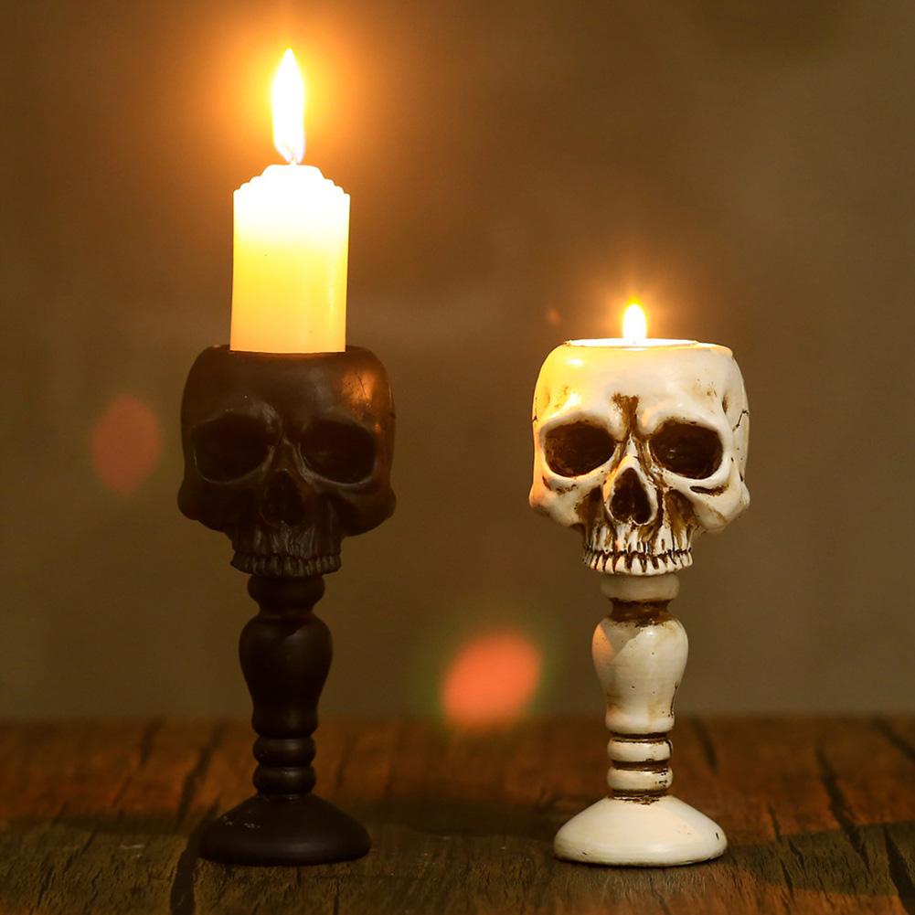 Halloween Decorations Skeleton Pillar Candle Holder Gothic Skull Candlestick Holder Table Decor Ornament for Haunted House Decor