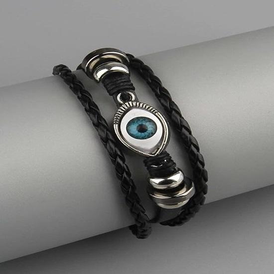 Perfect Blue Evil Eye Leather Braided Wrap Multi Layer Black Band Adjustable Bracelet for Men, Boys