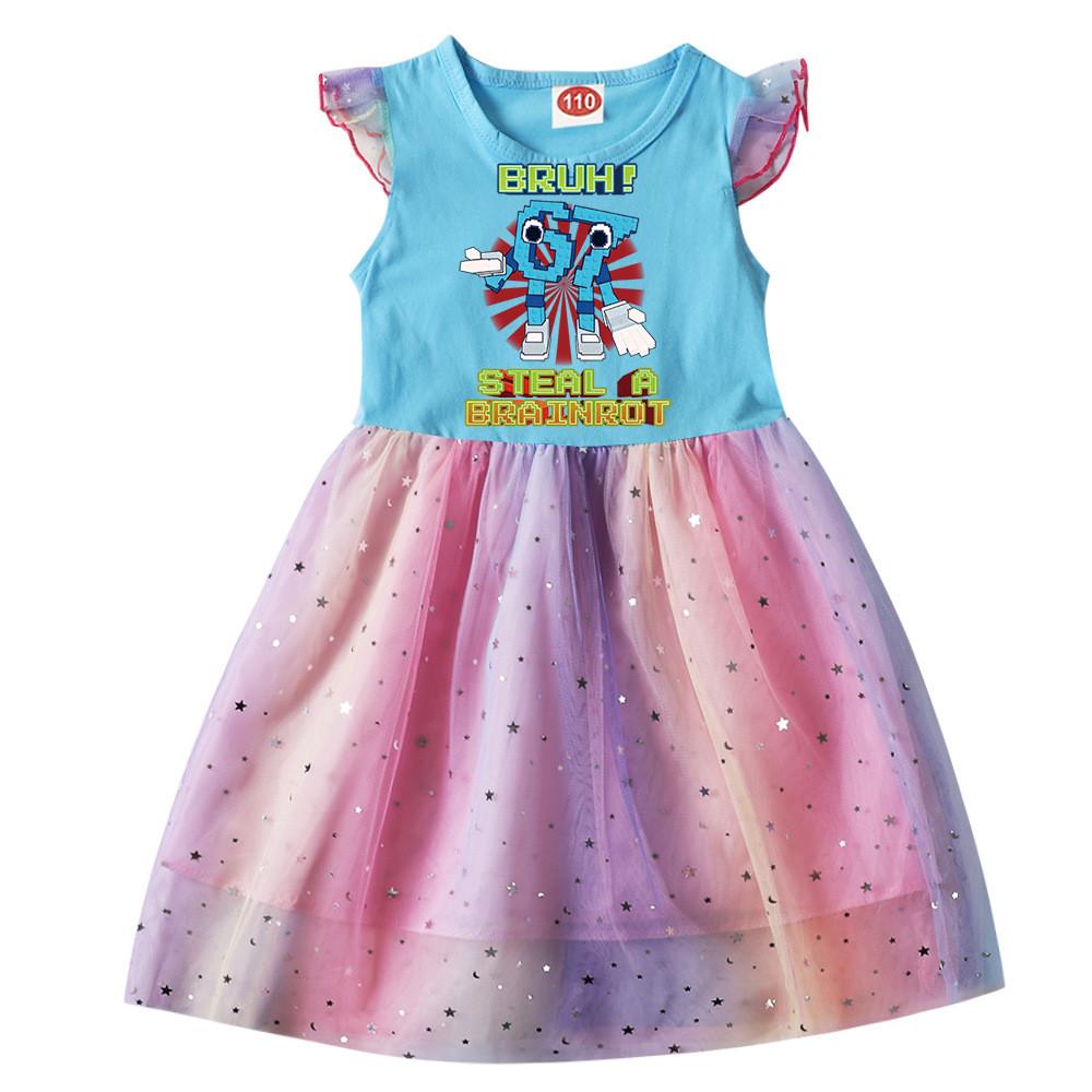 9192 Kids Girls Steal a Brainrot 67 Six Seven Print Ruffle Short Sleeve Sequins Casual Rainbow Dress