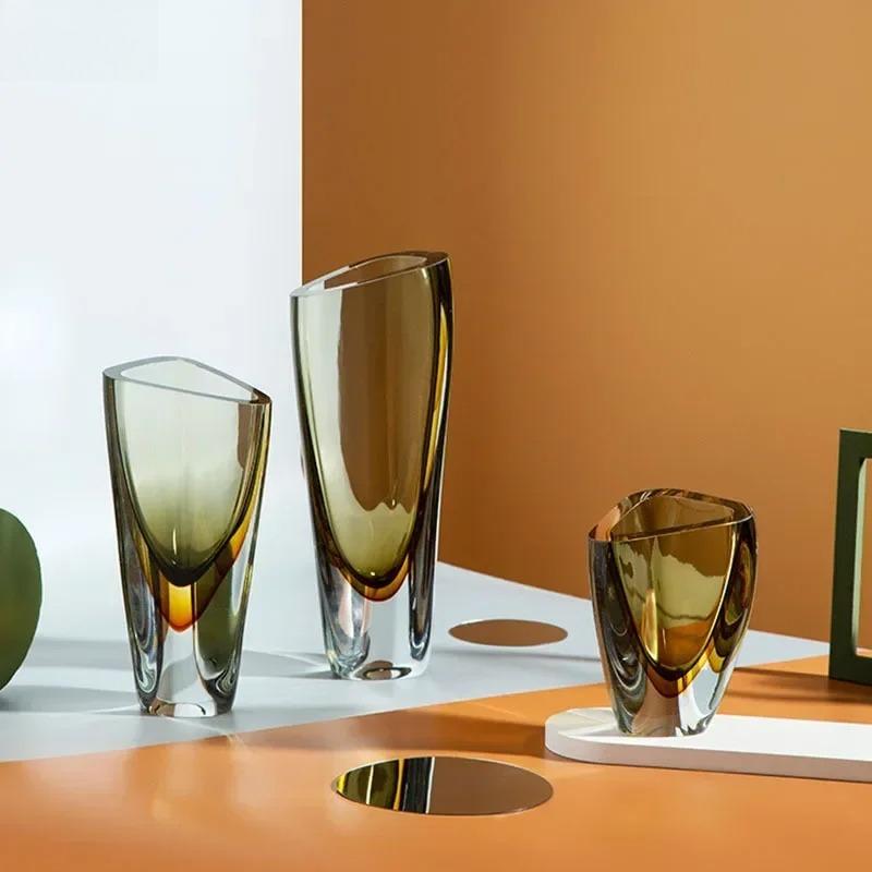 Minimalism Amber Color Glass Vase Hydroponics Flower Pots Desk Decoration Flower Arrangement Floral Vases Modern Home Decor