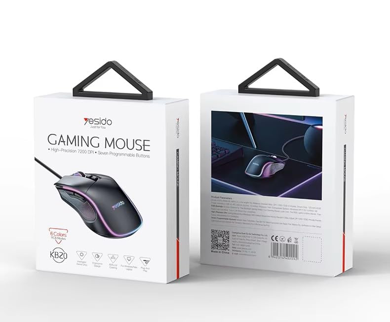 Yesido KB20 Wired Gaming Mouse, USB-A, Optical, 7200 DPI6 Levels, RGB, 6 Modes, 7 Buttons (Independent DPI ± and ForwardBack), Plug & Play, 1.1m
