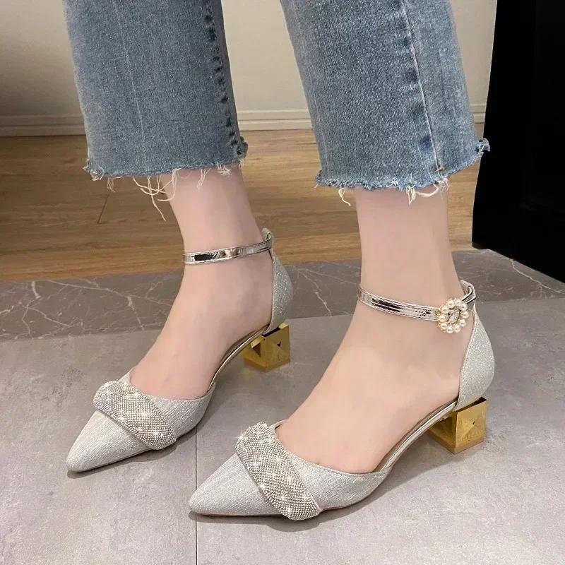 Rhinestones High Heels Women Pointed Rough Heel Sandals Summer Pumps Blue Gold Wedding Shoes Bride Office Womens Shoes Luxury
