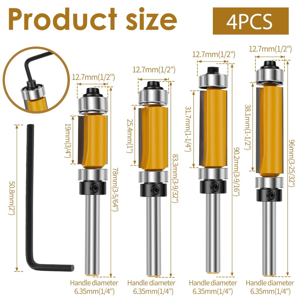 4 Pcs 1/4′′ 8mm Shank Flush Trim Router Bit Blade Template Pattern Bit Bearing 1/2Inch Straight End Mill for Woodworking Cutting