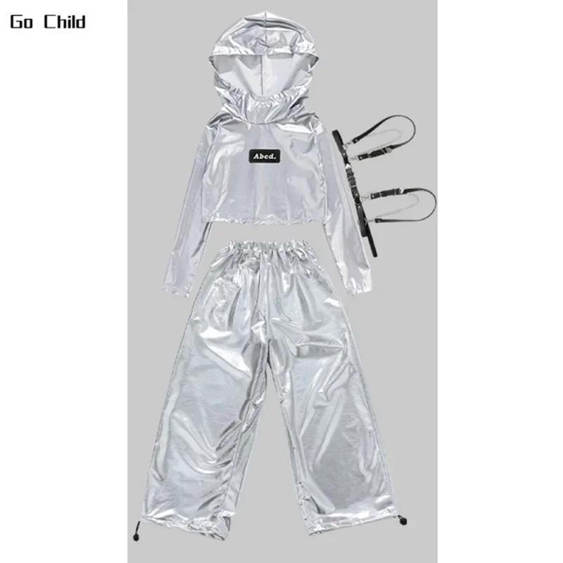 Girls K-pop Silver Crop Hoodies Shiny Cargo Pants Street Dance Shorts Kids Hip Hop Streetwear Children Jazz Hi Tech Clothes Sets