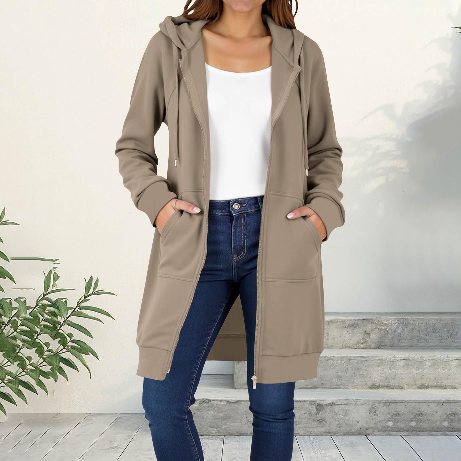 

Женская модная куртка кэжуал с длинными рукавами реглан и капюшоном на молнии XL хаки