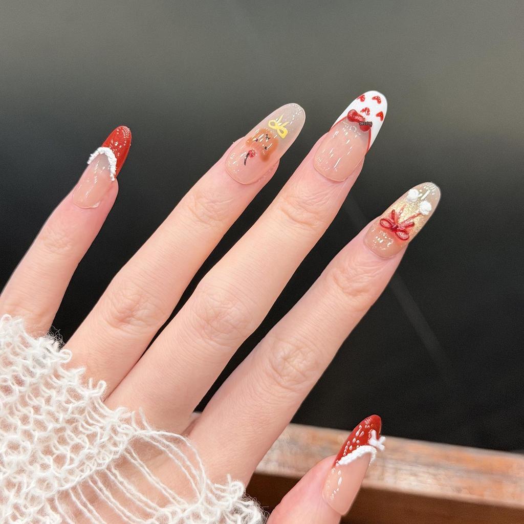 Hand-Painted Christmas & New Year Cat Nails: Dazzling French Glass Beads