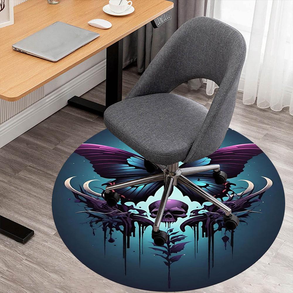 1PC Butterfly Skull Gothic Round Chair Mat Area Rug - Non-Slip, Floor Mat for Office, Bedroom, Home Decor Christmas Gift C0528060
